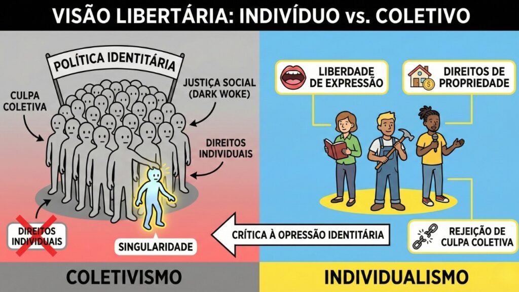 Diagrama esquemático ilustrando a crítica libertária à política identitária. De um lado, um grupo homogêneo rotulado 'Coletivismo' esmagando a singularidade. Do outro, figuras distintas representando o 'Individualismo', conectadas a princípios de liberdade de expressão, direitos de propriedade e rejeição de culpa coletiva, em oposição ao conceito de justiça social do Dark Woke.