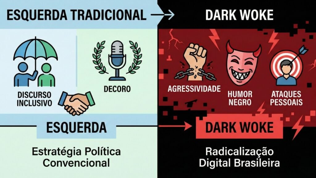 Infográfico comparativo entre a Esquerda Tradicional e o movimento Dark Woke. À esquerda, ícones de 'Discurso Inclusivo' e 'Decoro'. À direita, sob o rótulo Dark Woke, ícones representando 'Agressividade', 'Humor Negro' e 'Ataques Pessoais', ilustrando a radicalização da estratégia digital na política brasileira.