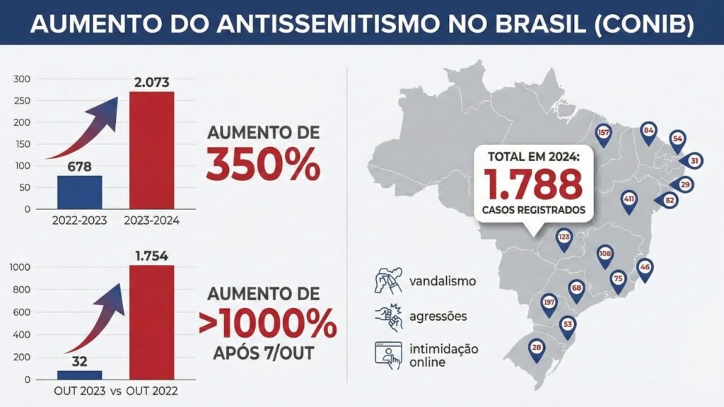 Gráfico de barras mostrando o crescimento exponencial do antissemitismo no Brasil segundo dados da CONIB. As barras comparam o período de 2023 a 2024, destacando um aumento de 350% nos casos e o pico de 1.788 denúncias de atos antissemitas, correlacionado ao início do conflito Hamas-Israel.